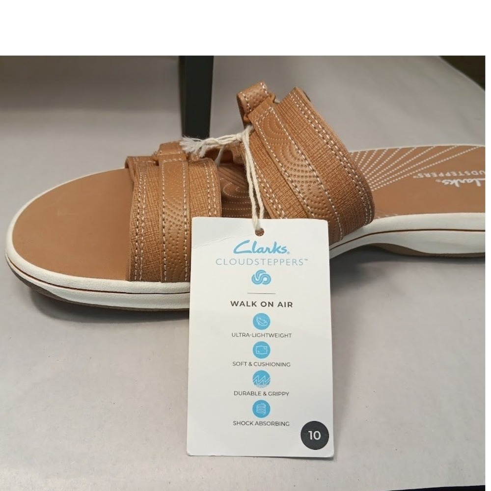 Clarks Breeze Piper Sandals Womens 10 Tan New Cloudsteppers Adjustable Slides - Picture 8 of 10